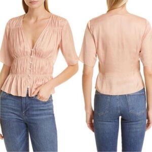 Frame Shirred V-Neck Blouse Pink Clay Women Size Medium Romantic Buttons Top NEW